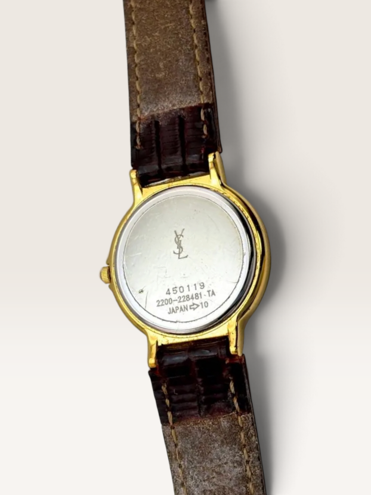 Vintage Yves Saint Laurent Gold-Tone Watch with Brown Leather Strap