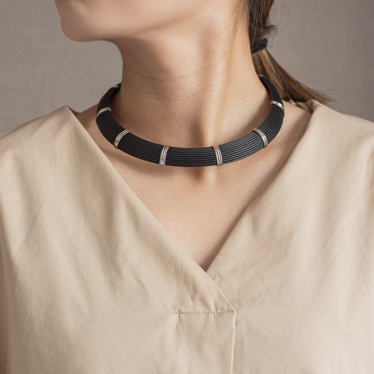 Vintage Black Cord Choker with Silver Bands