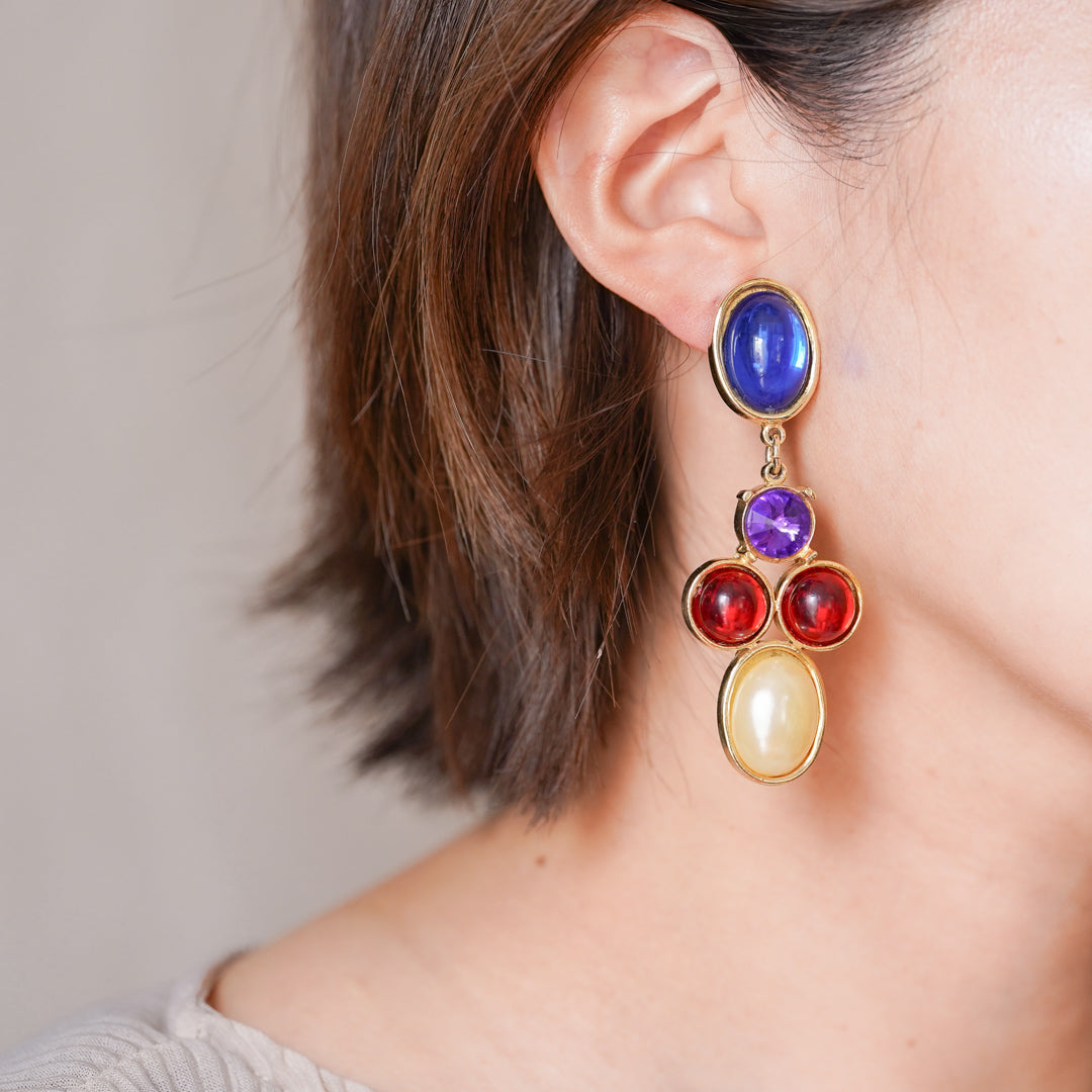 Vintage Multi-Stone and Pearl Long Drop Earrings
