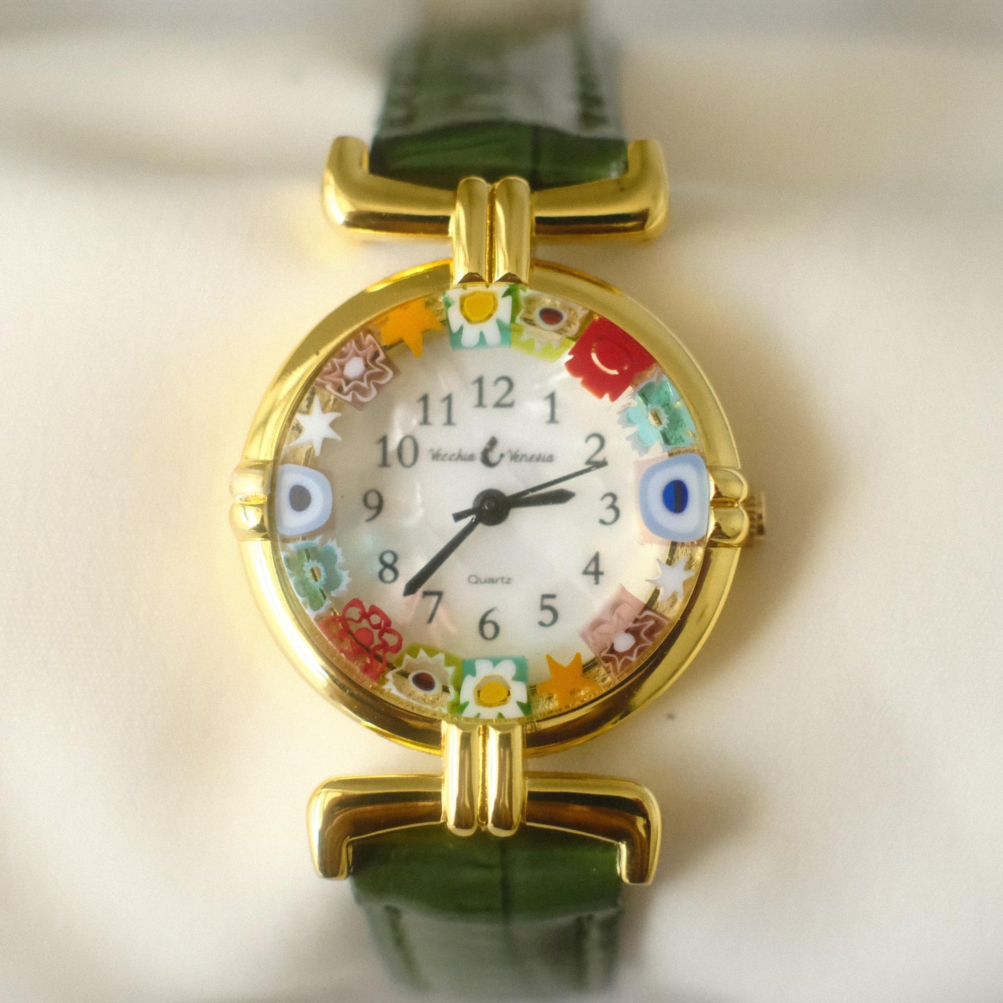 Murano Millefiori Watch With Leather Band - Forest Green