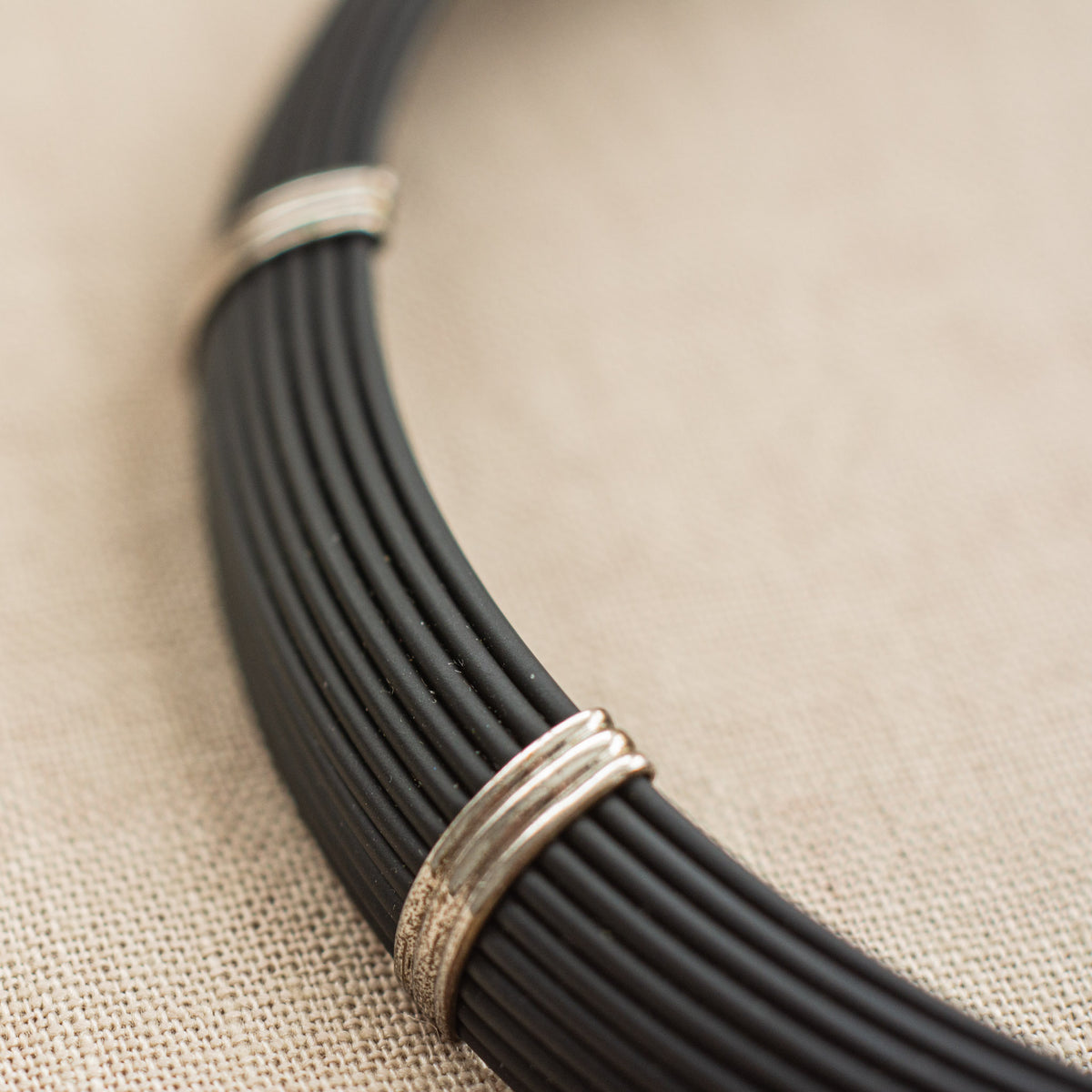Vintage Black Cord Choker with Silver Bands
