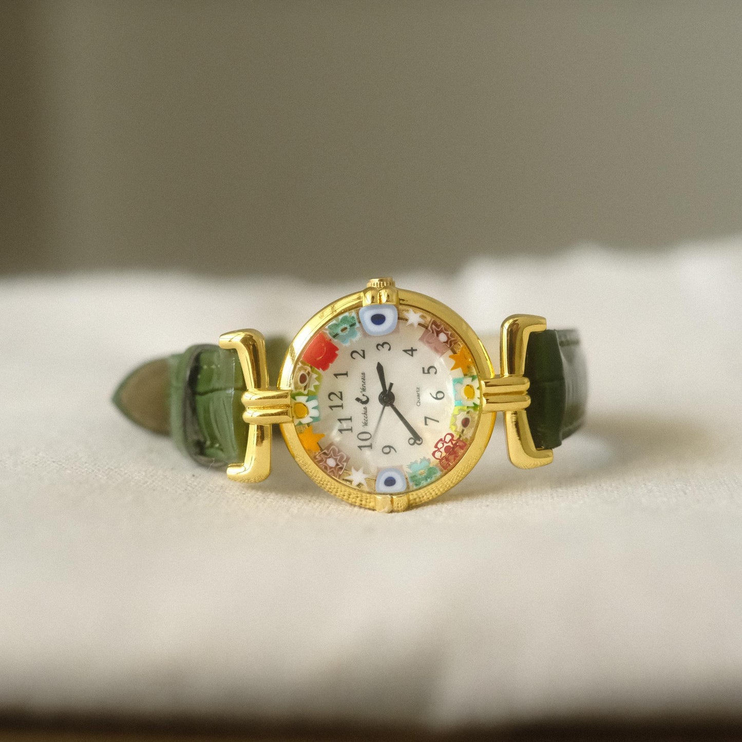 Murano Millefiori Watch With Leather Band - Forest Green