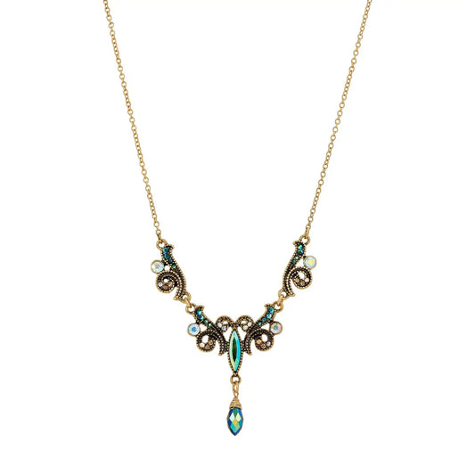 アール・ヌーボー スタイル ABグラスストーン ドロップ ペンダント Art Nouveau Style AB Glass Stone Pendant Necklace 16" + 3" Extender