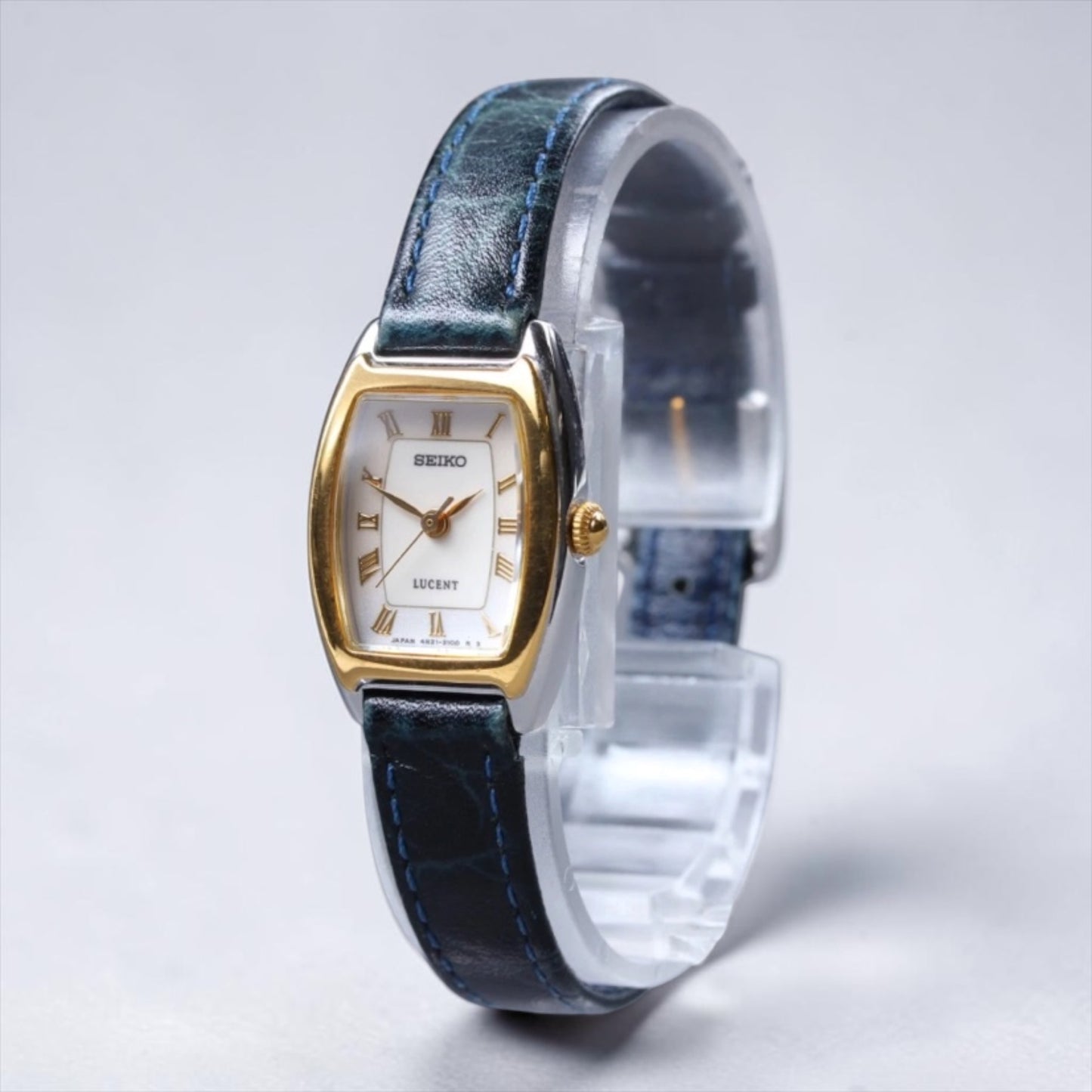 Seiko LUCENT Tonneau-Case Roman Numeral Navy Leather Watch