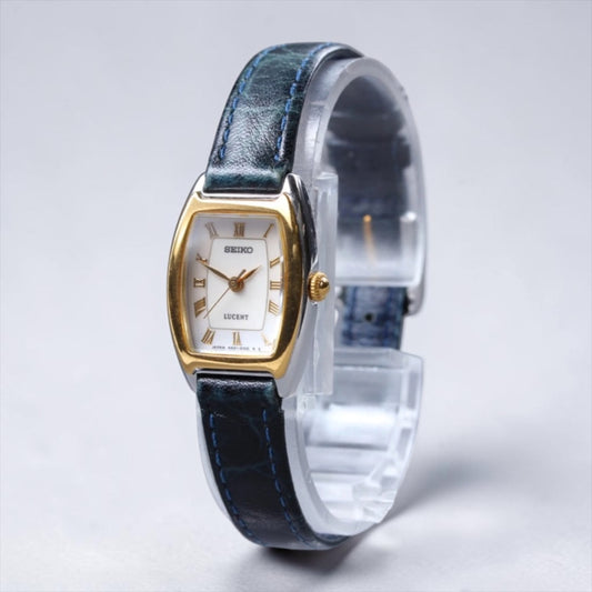 Seiko LUCENT Tonneau-Case Roman Numeral Navy Leather Watch