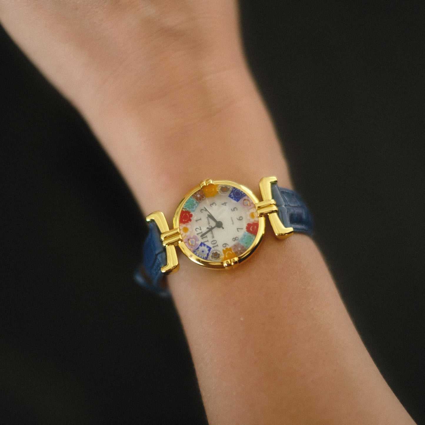 Murano Millefiori Watch With Leather Band - Navy