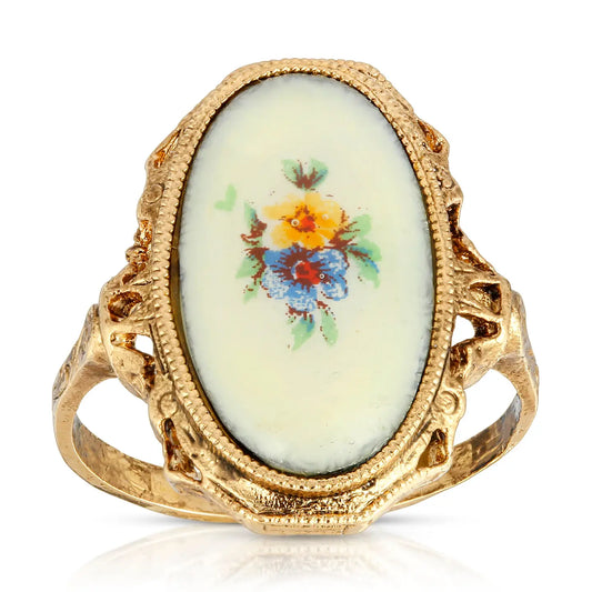 アイボリーエナメル フラワーリング Ivory Enamel Blue & Yellow Flower Ring
