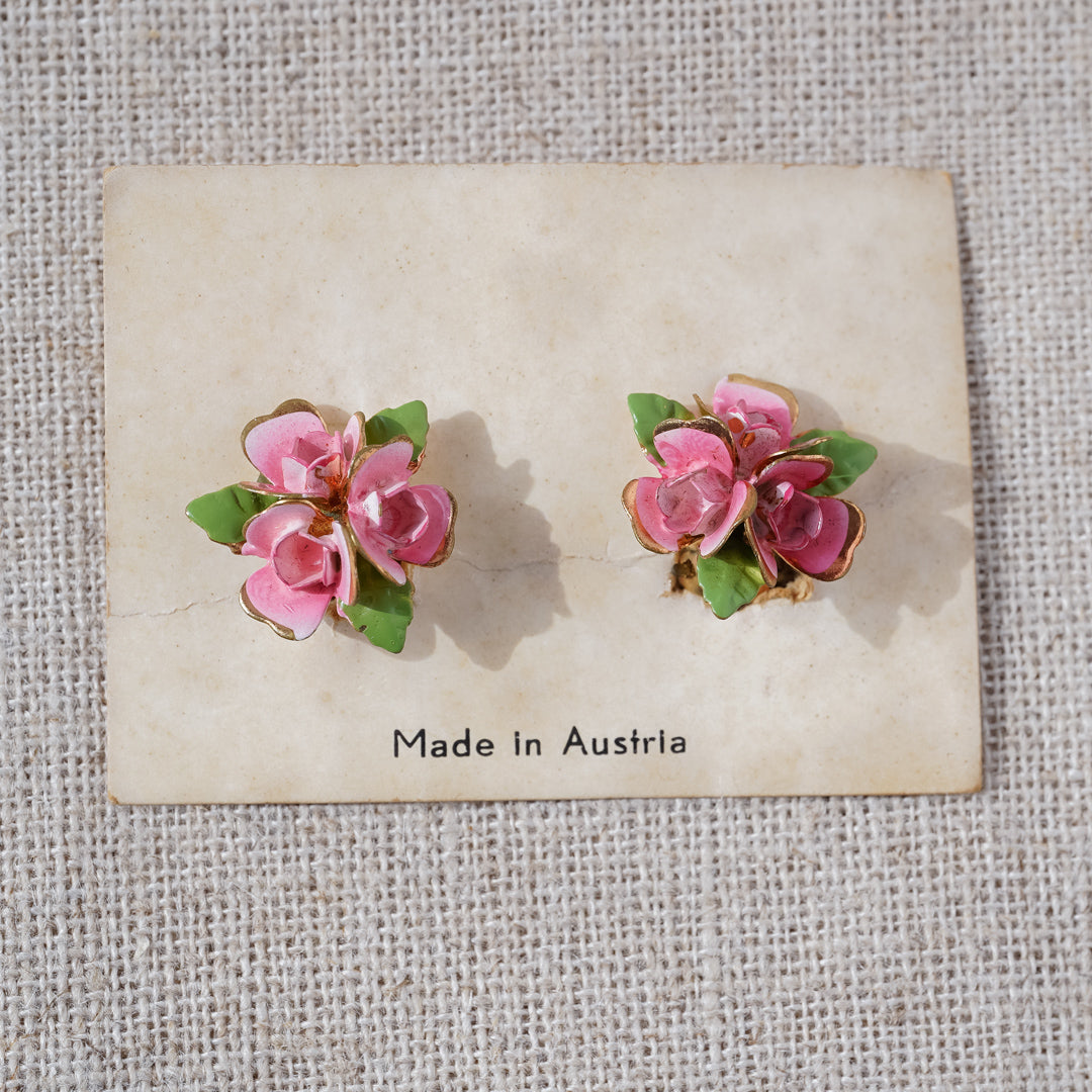 Vintage Austrian Rose Motif Enamel Earrings