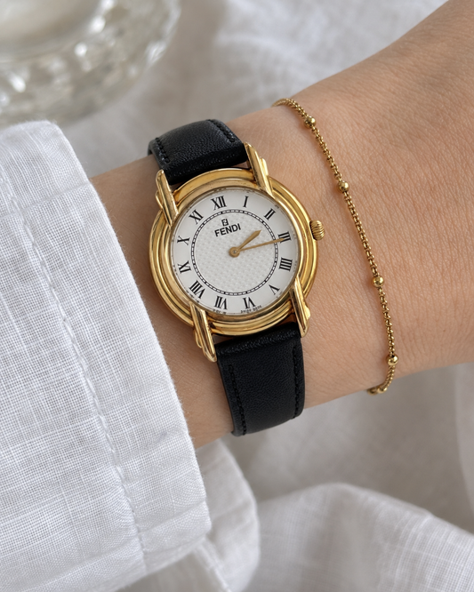 Vintage FENDI Gold-Tone Watch with Black Leather Strap