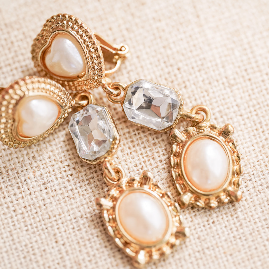 Vintage Pearl and Crystal Long Drop Earrings