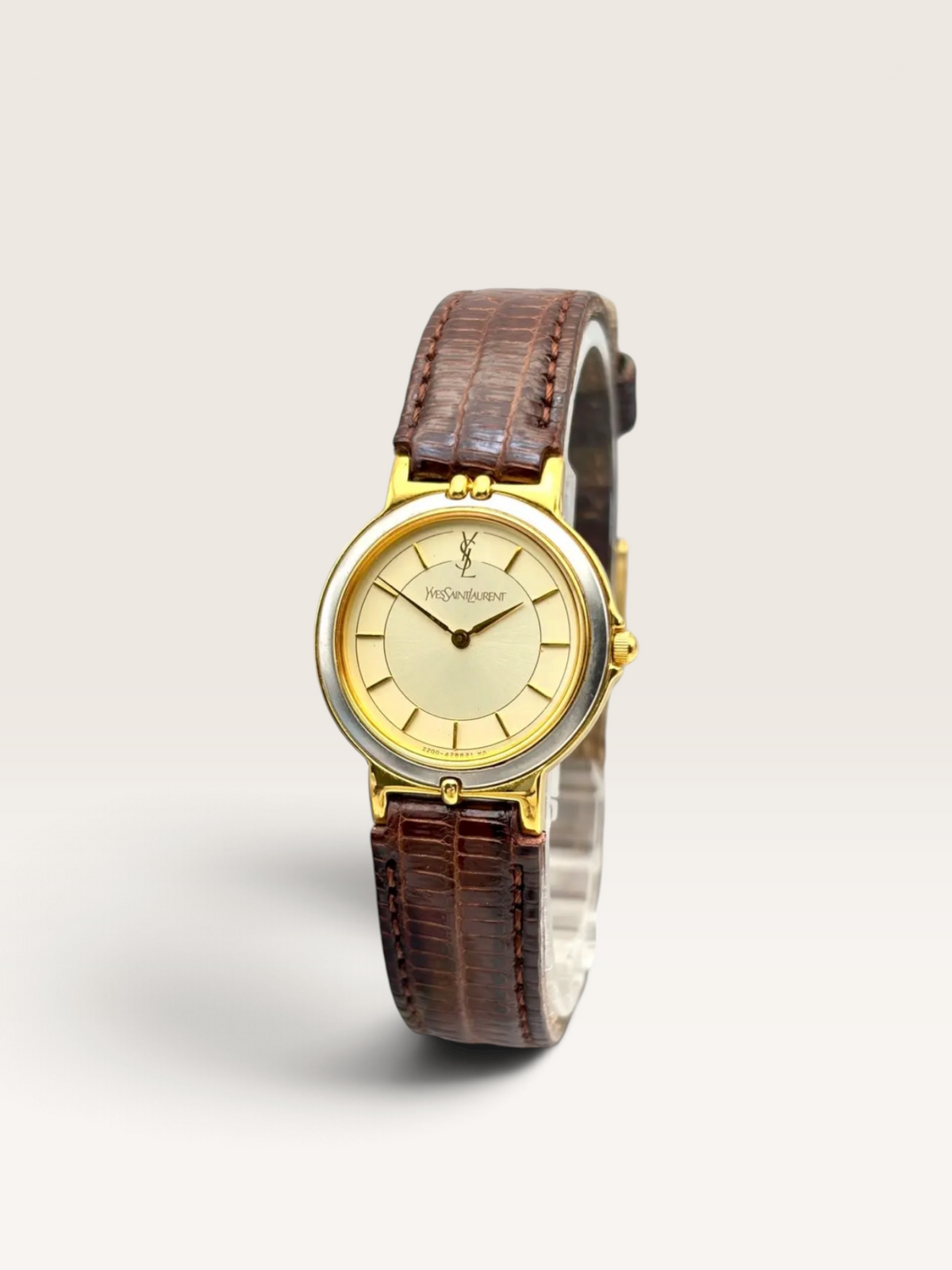 Vintage Yves Saint Laurent Gold-Tone Watch with Brown Leather Strap
