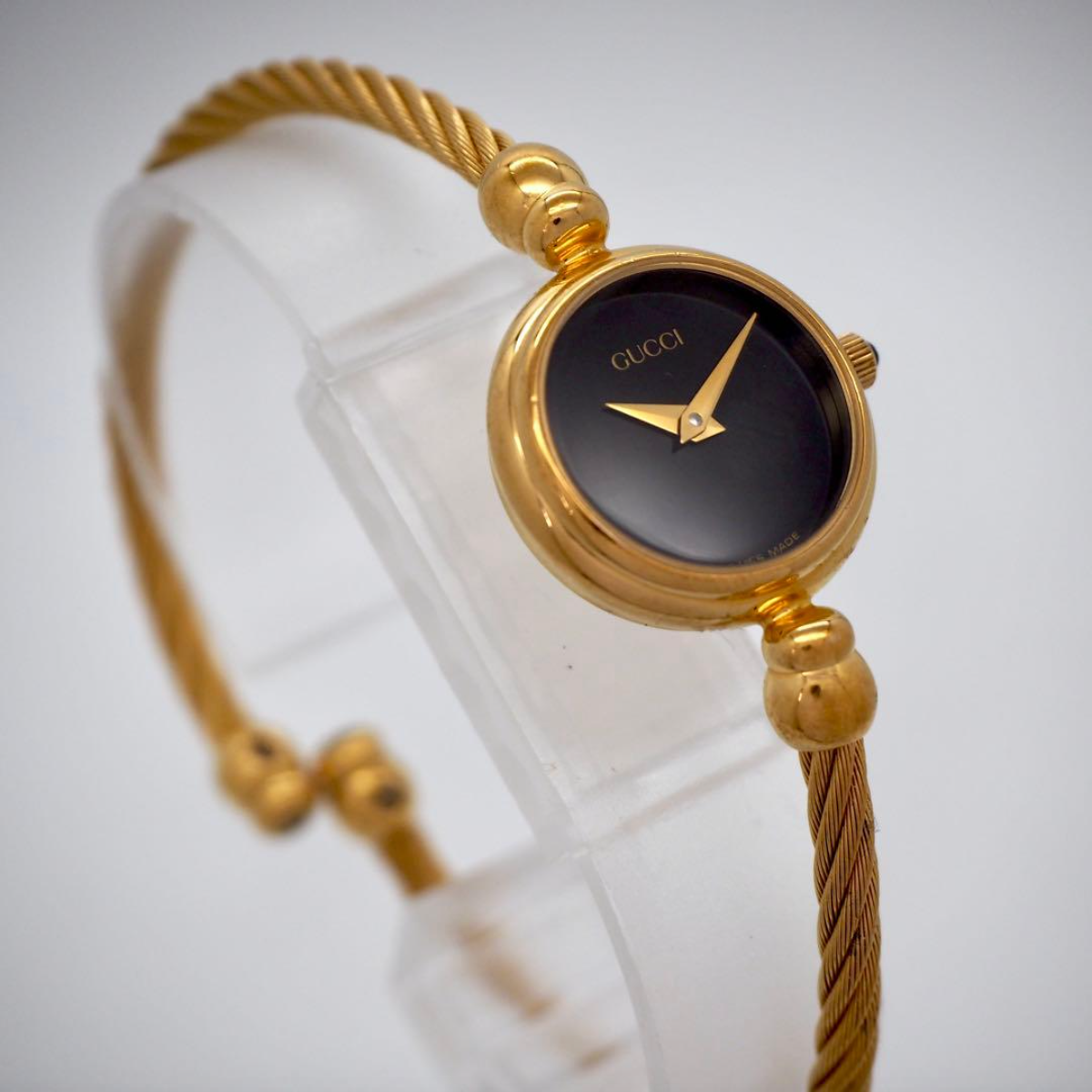 Vintage GUCCI 2700.2.L Black Dial Gold Wire Bangle Watch