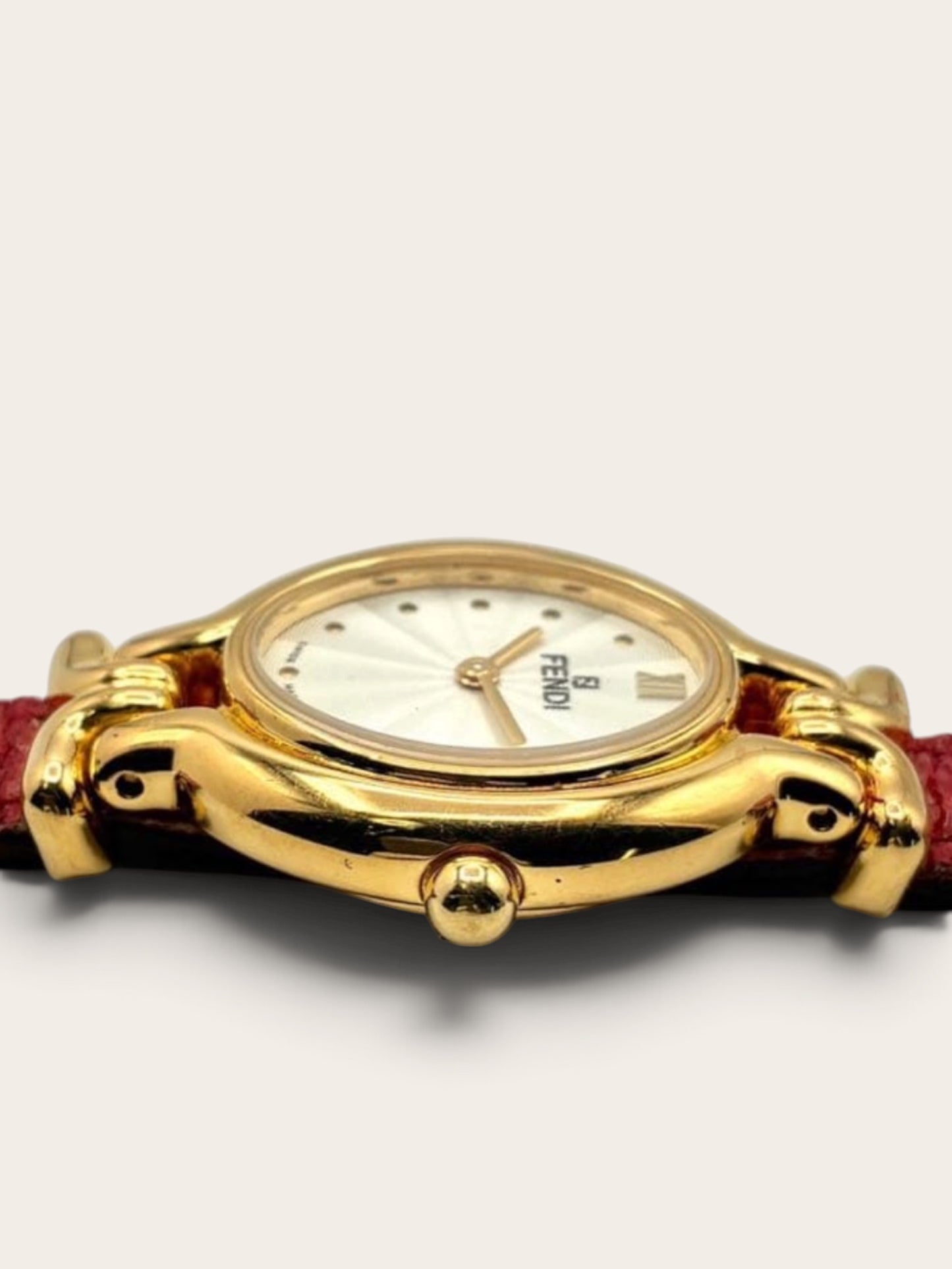 FENDI 640L Gold-Tone Guilloché Dial Red Strap Watch