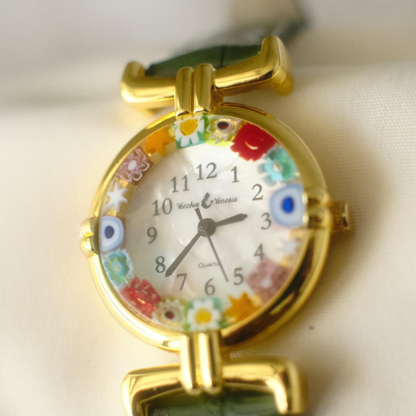 Murano Millefiori Watch With Leather Band - Forest Green