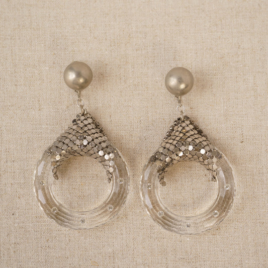 Vintage Silver Mesh &amp; Clear Glass Hoop Earrings