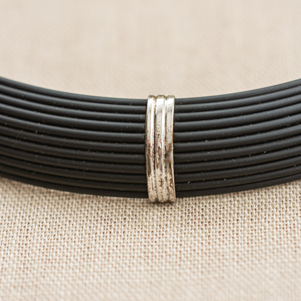 Vintage Black Cord Choker with Silver Bands
