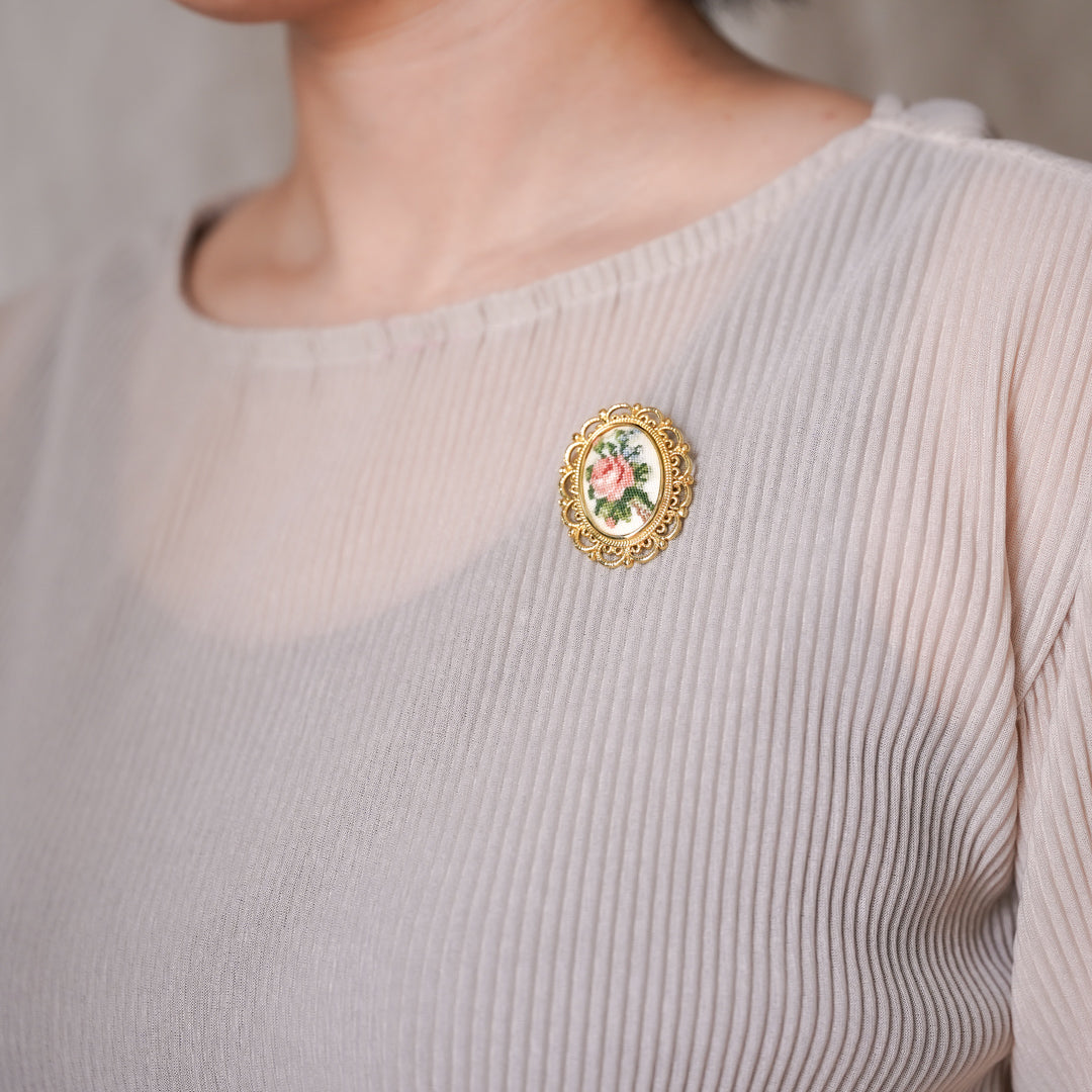 Vintage Petit Point Floral Brooch