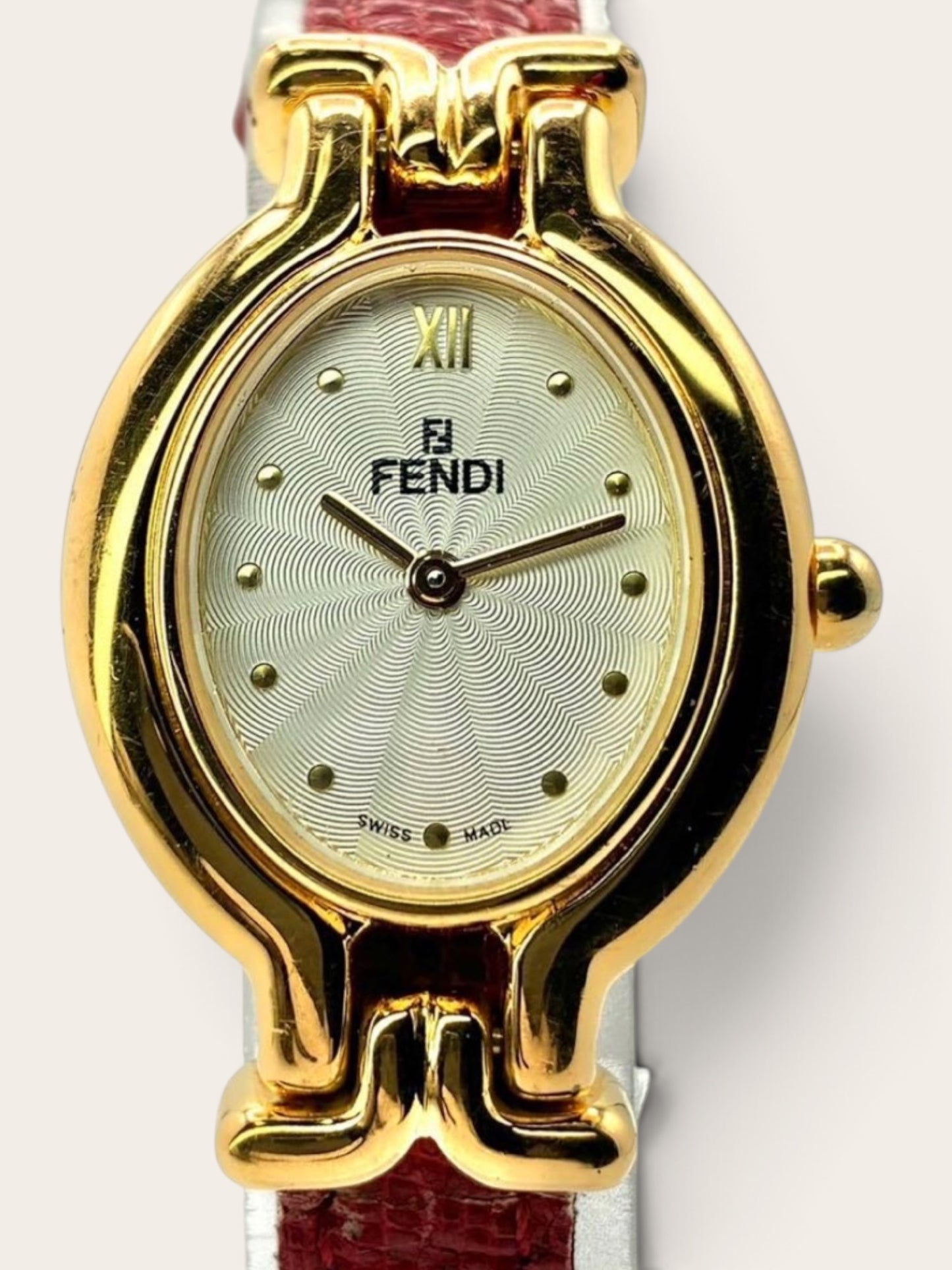 FENDI 640L Gold-Tone Guilloché Dial Red Strap Watch