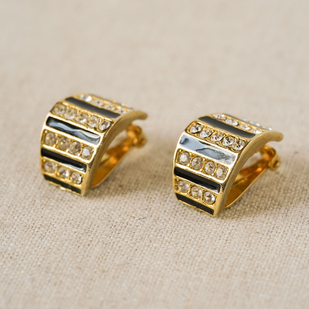 Vintage rhinestone & black enamel huggie hoop earrings