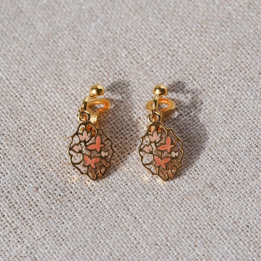 Vintage Gold and Pink Enamel Floral Drop Earrings