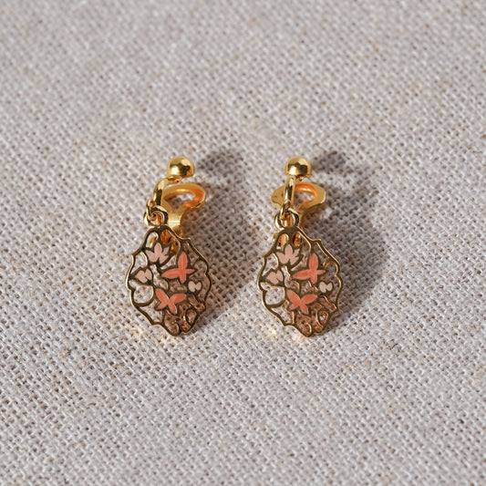 Vintage Gold and Pink Enamel Floral Drop Earrings