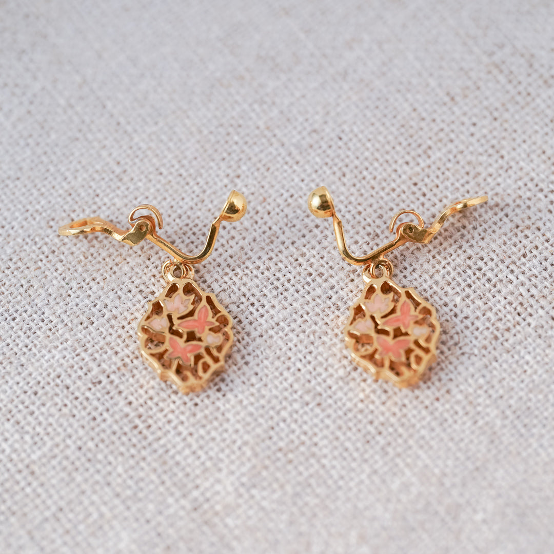 Vintage Gold and Pink Enamel Floral Drop Earrings