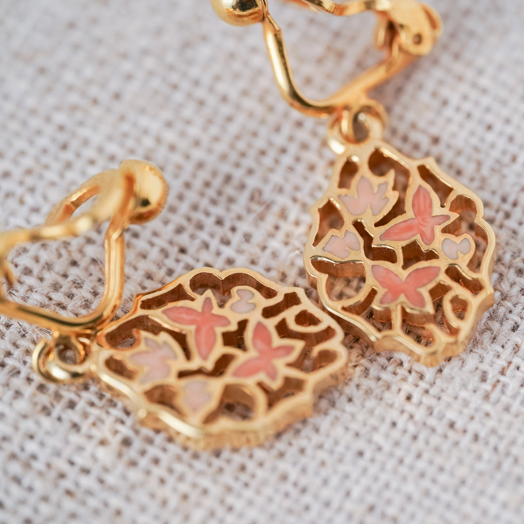 Vintage Gold and Pink Enamel Floral Drop Earrings