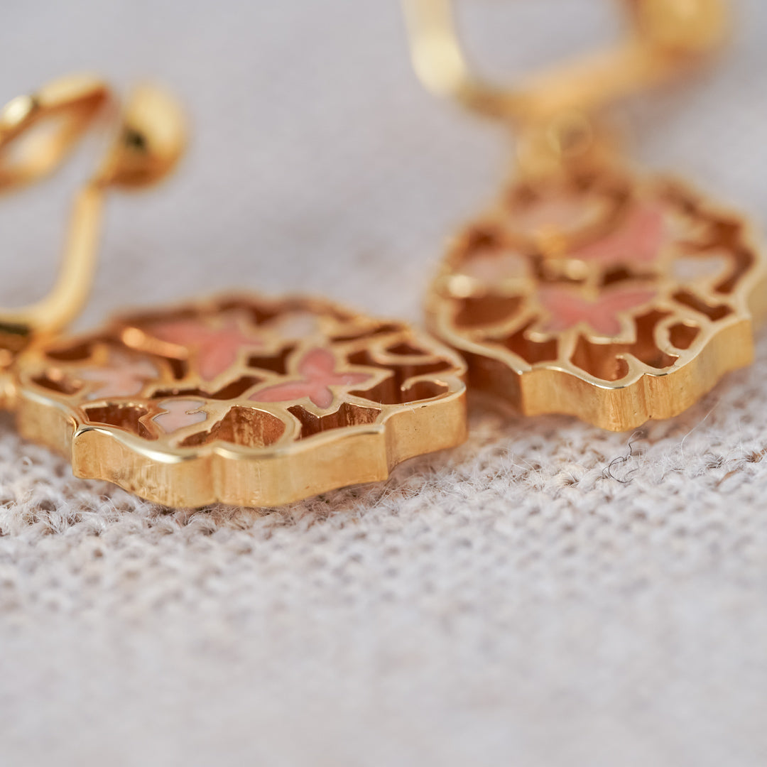 Vintage Gold and Pink Enamel Floral Drop Earrings