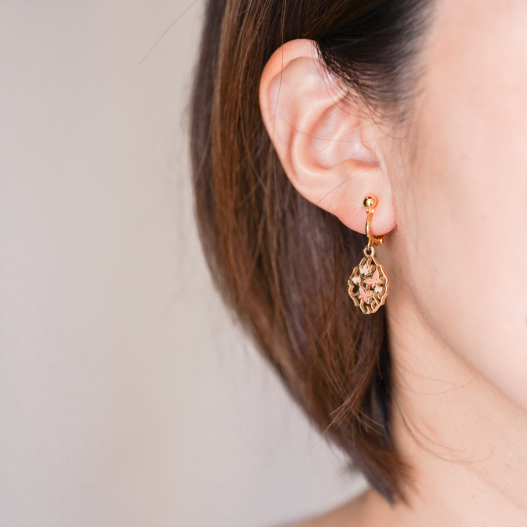 Vintage Gold and Pink Enamel Floral Drop Earrings