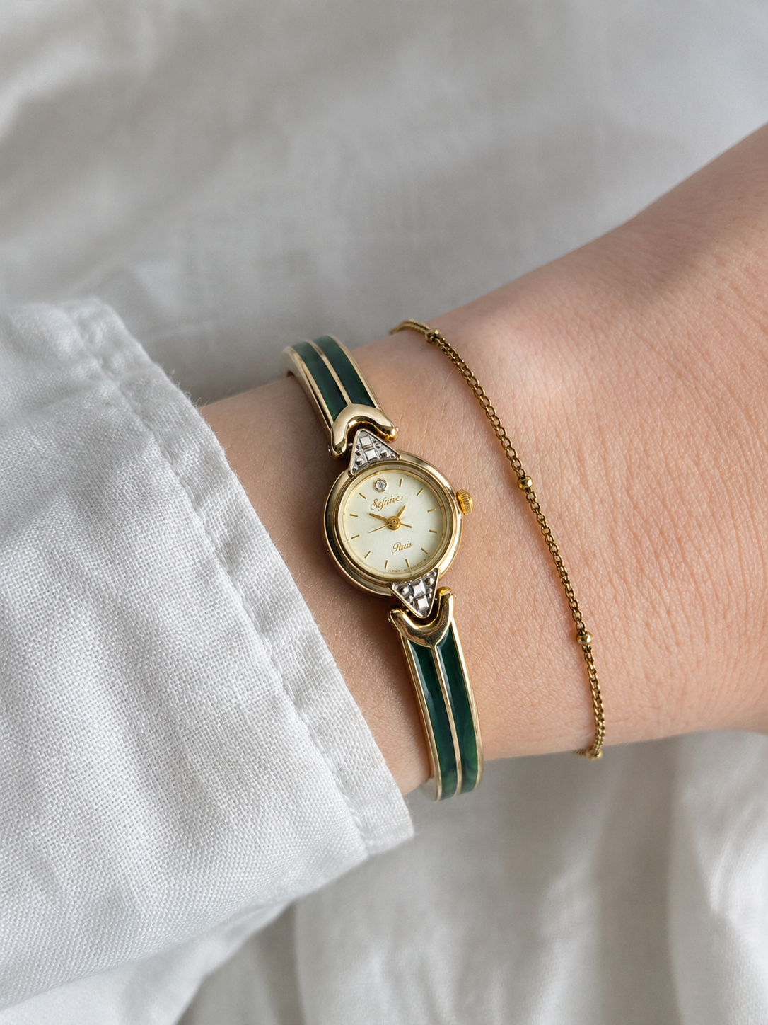 Vintage Seiko Alba Pino “Sefaire Paris” Green Enamel Bangle Watch