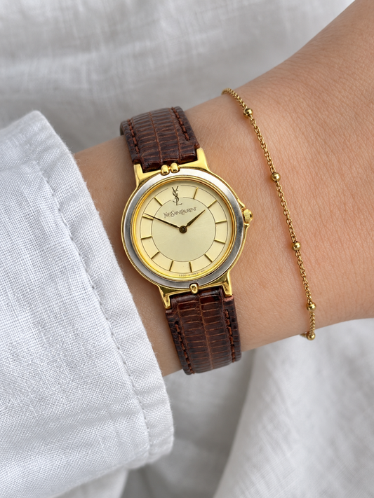 Vintage Yves Saint Laurent Gold-Tone Watch with Brown Leather Strap