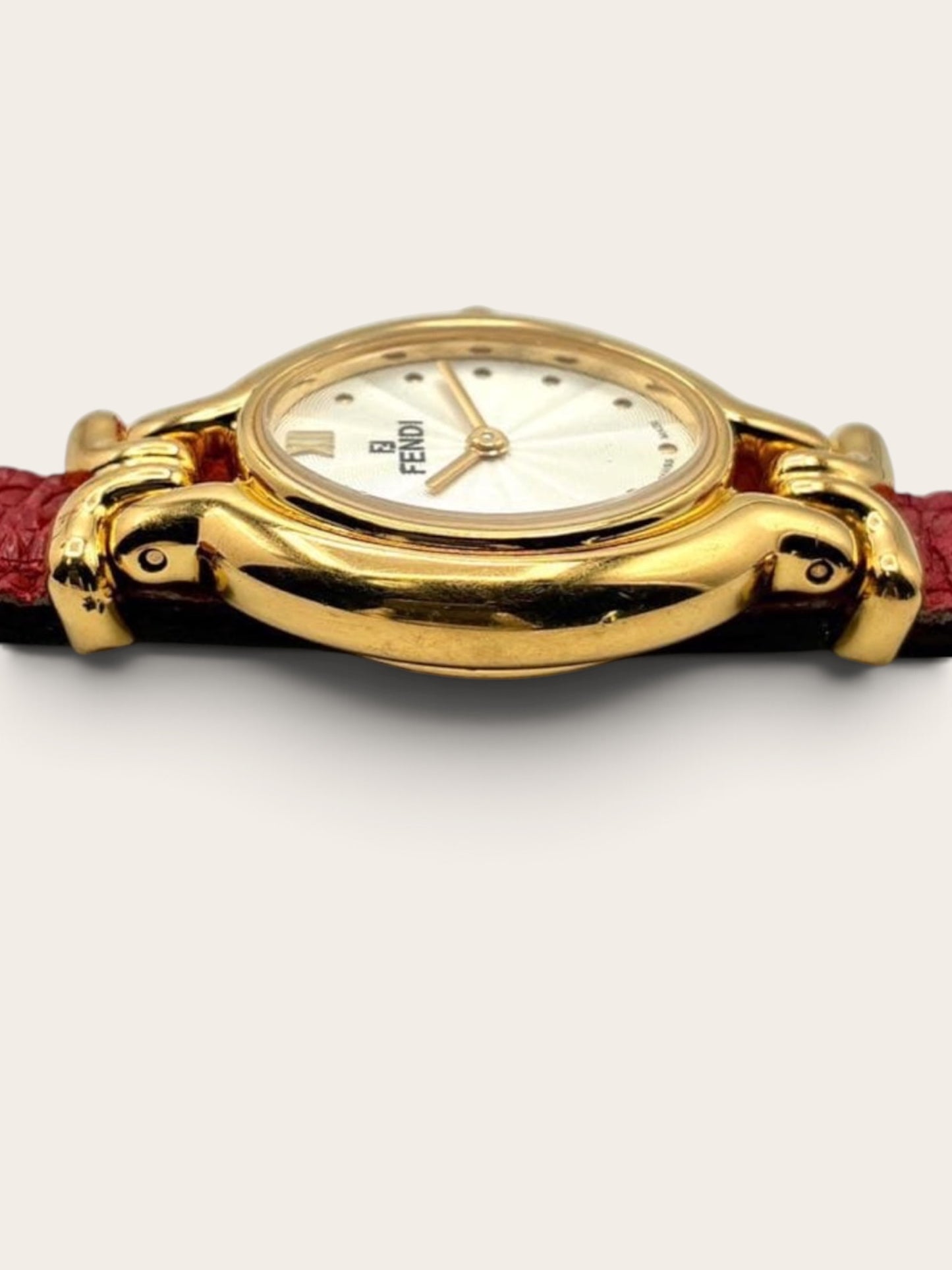 FENDI 640L Gold-Tone Guilloché Dial Red Strap Watch