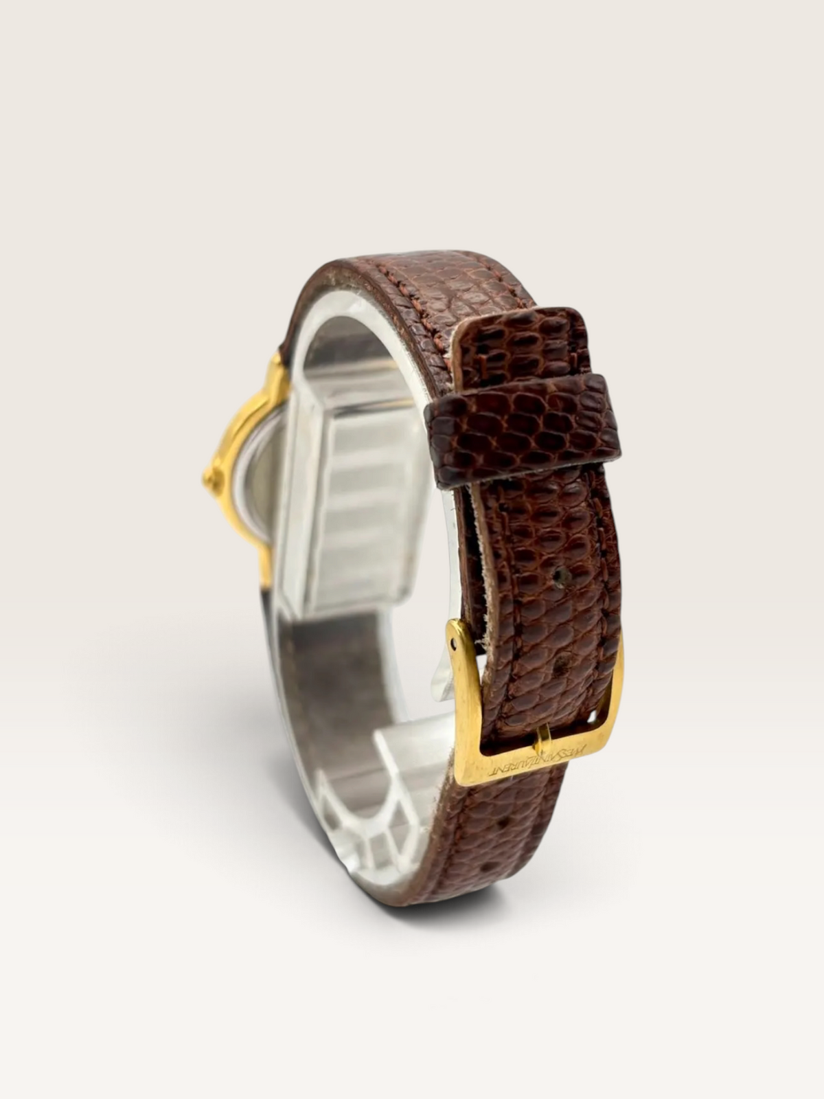 Vintage Yves Saint Laurent Gold-Tone Watch with Brown Leather Strap
