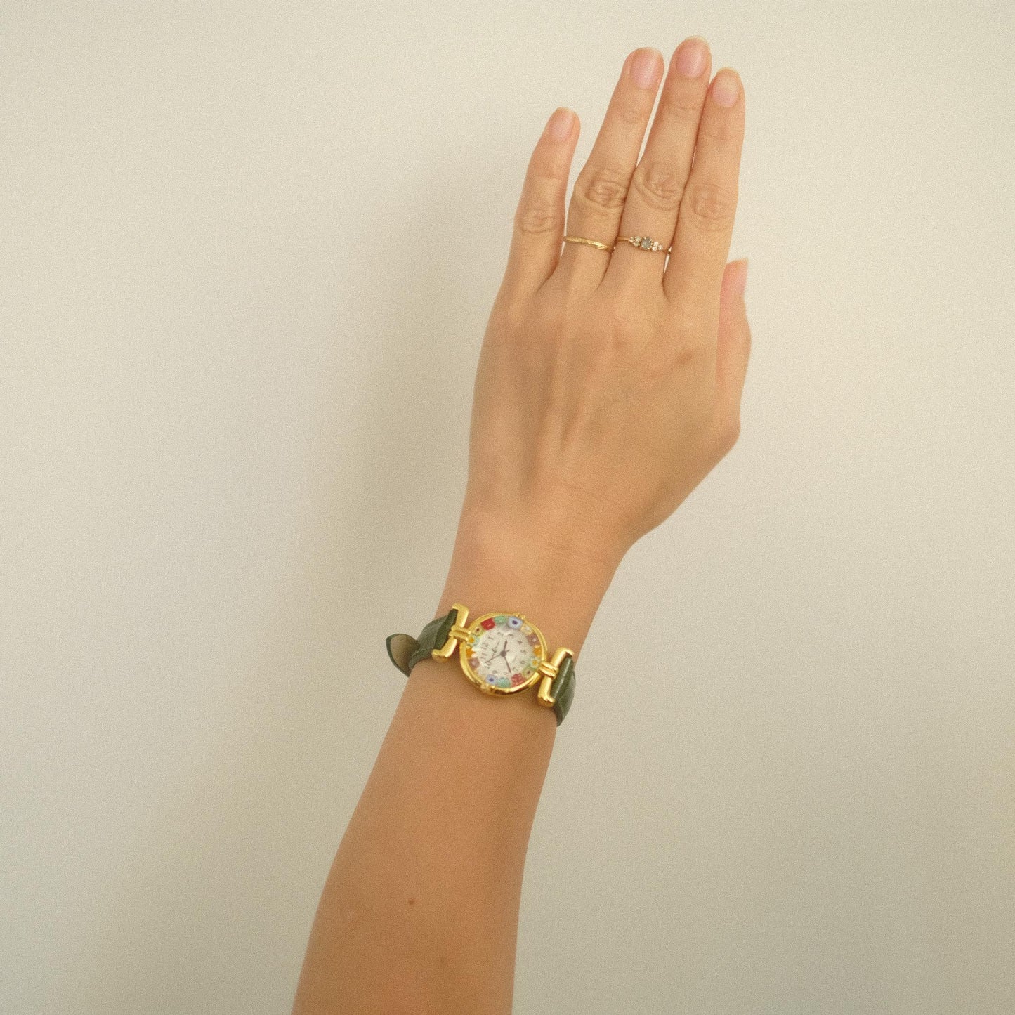 Murano Millefiori Watch With Leather Band - Forest Green