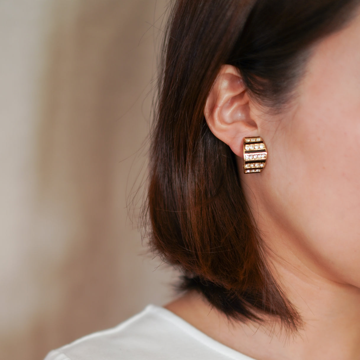 Vintage rhinestone & black enamel huggie hoop earrings
