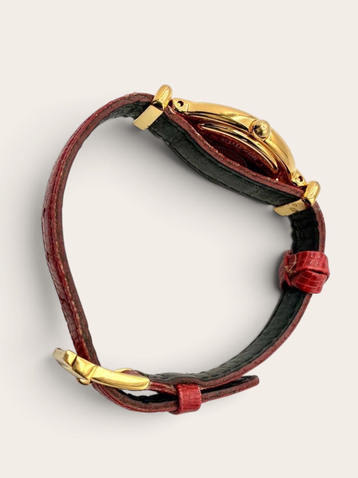 FENDI 640L Gold-Tone Guilloché Dial Red Strap Watch