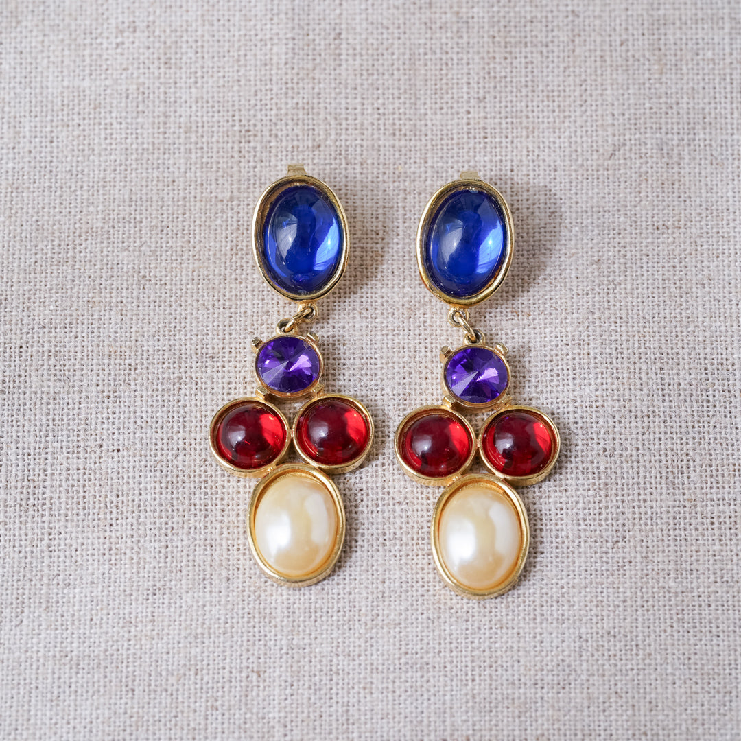Vintage Multi-Stone and Pearl Long Drop Earrings