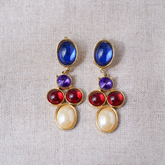 Vintage Multi-Stone and Pearl Long Drop Earrings