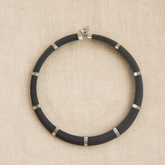 Vintage Black Cord Choker with Silver Bands