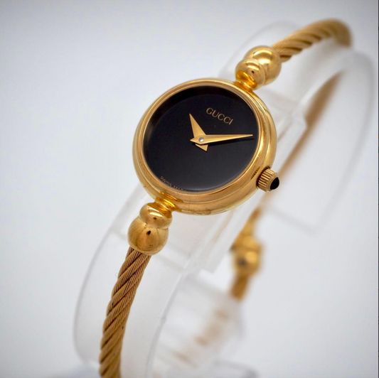 Vintage GUCCI 2700.2.L Black Dial Gold Wire Bangle Watch