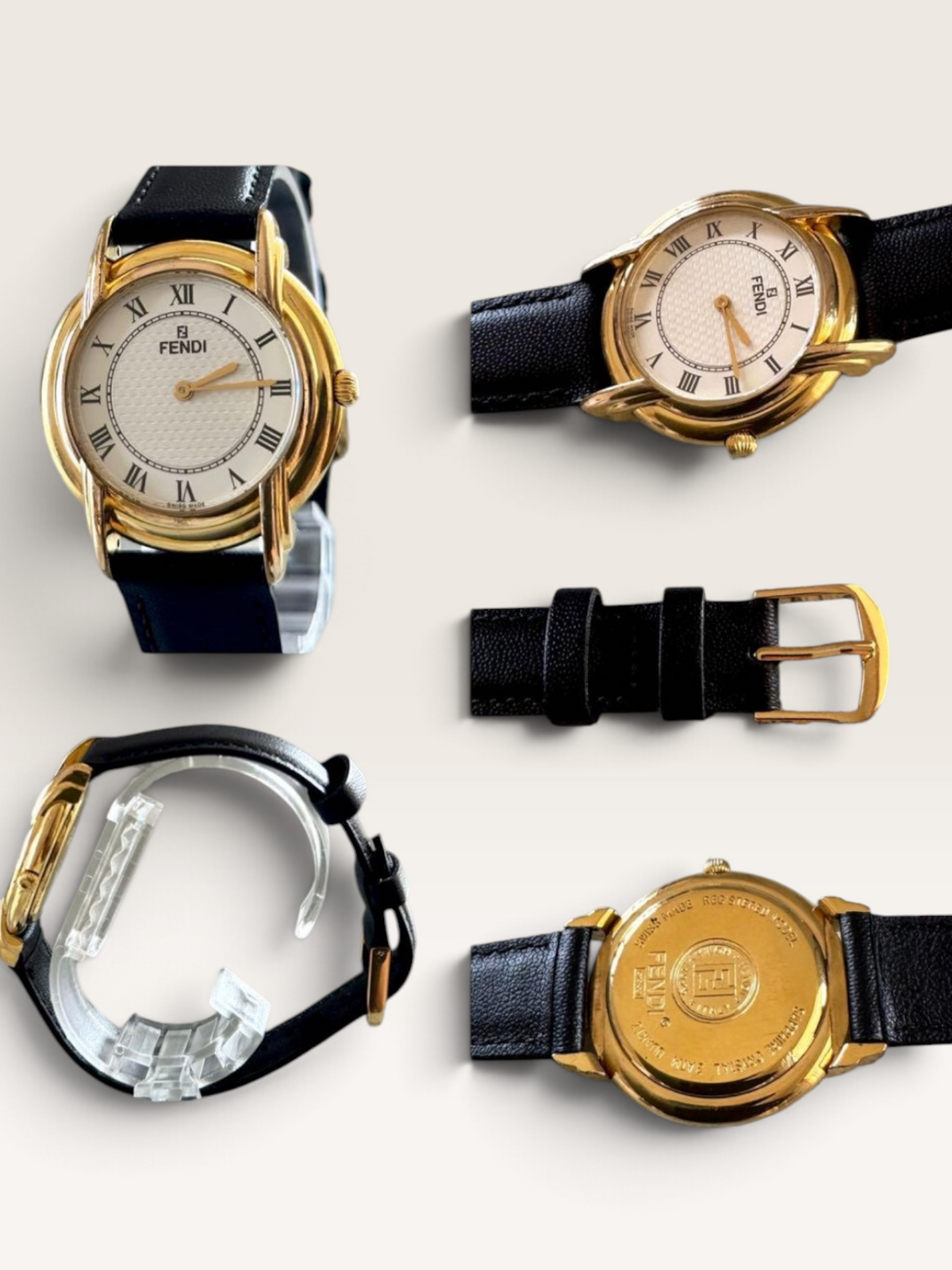 Vintage FENDI Gold-Tone Watch with Black Leather Strap