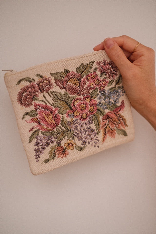 Vintage Petit Point Floral Cosmetic Pouch (Wienerwald, Austria)