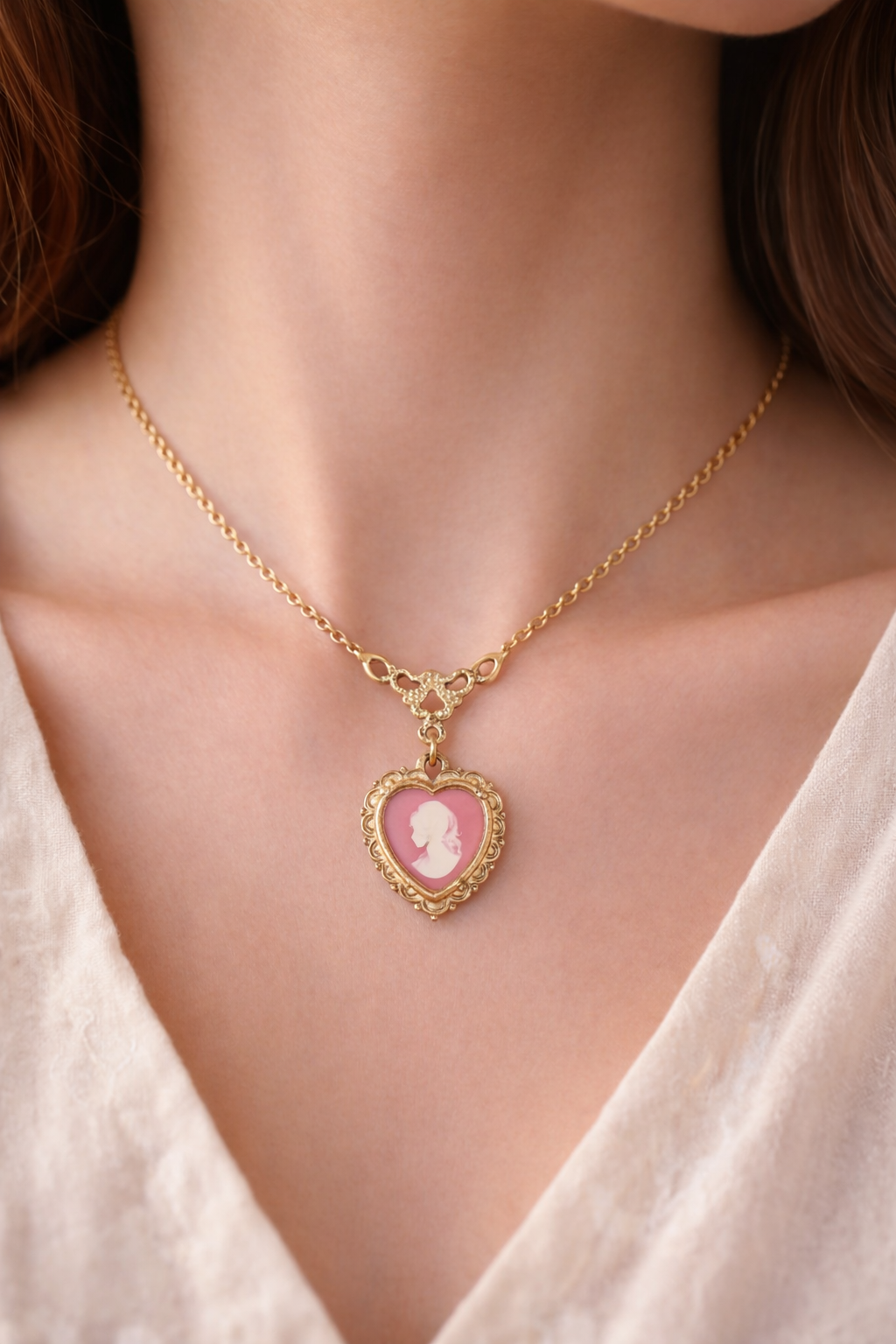 ピンクハート カメオ ペンダントネックレス Pink Heart Cameo Pendant Necklace