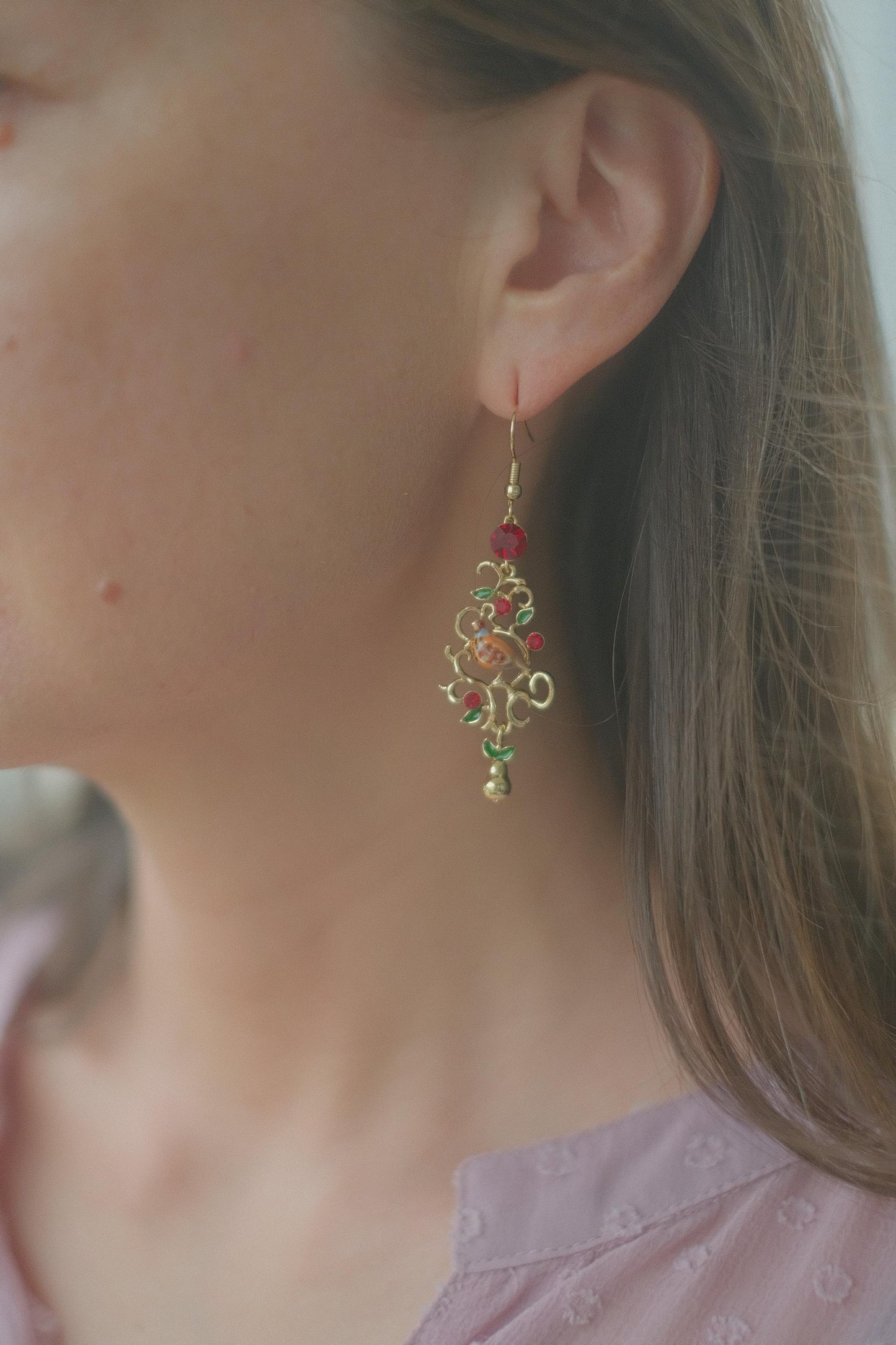 Partridge and Pear Lattice Drop Earrings