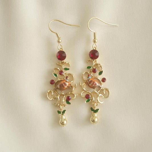 Partridge and Pear Lattice Drop Earrings