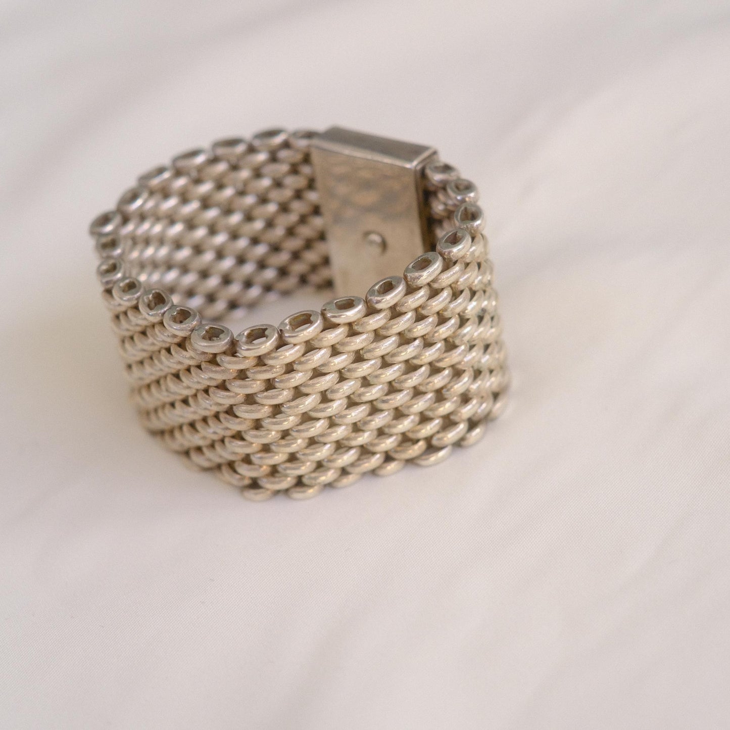 Vintage Wide Mesh Link Bracelet / Silver