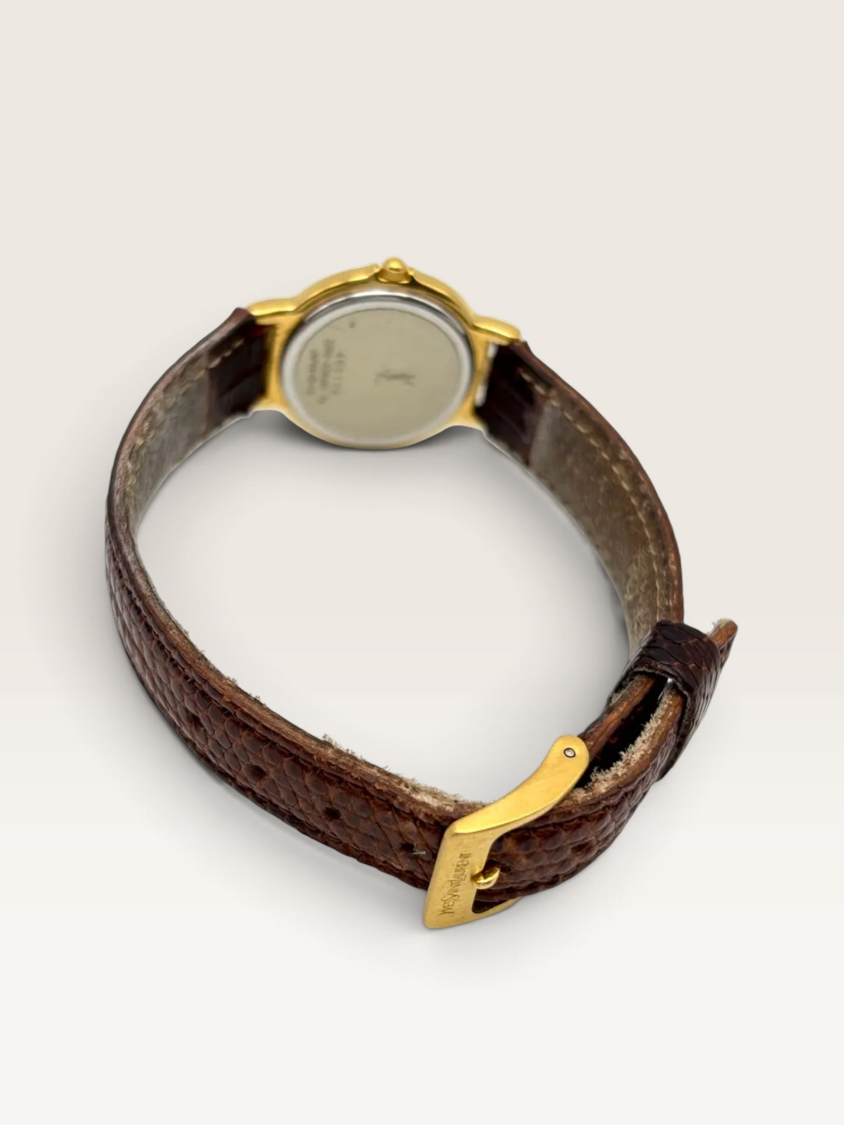 Vintage Yves Saint Laurent Gold-Tone Watch with Brown Leather Strap