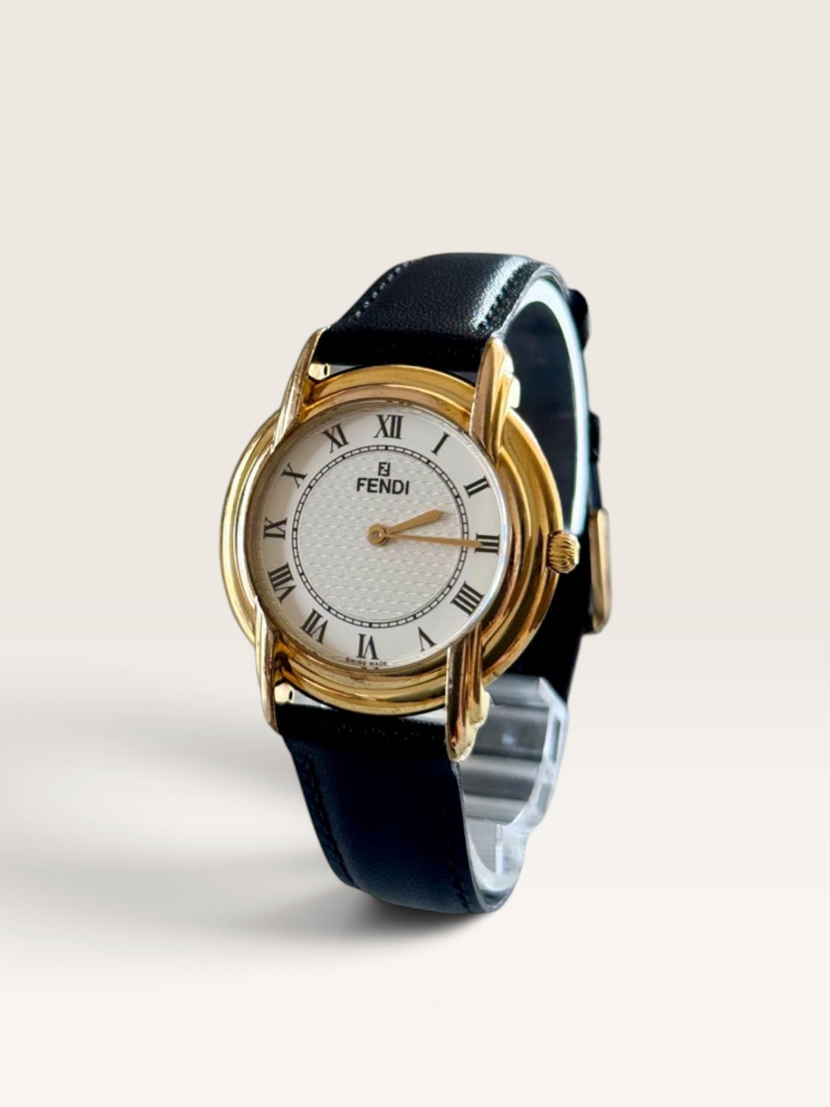 Vintage FENDI Gold-Tone Watch with Black Leather Strap