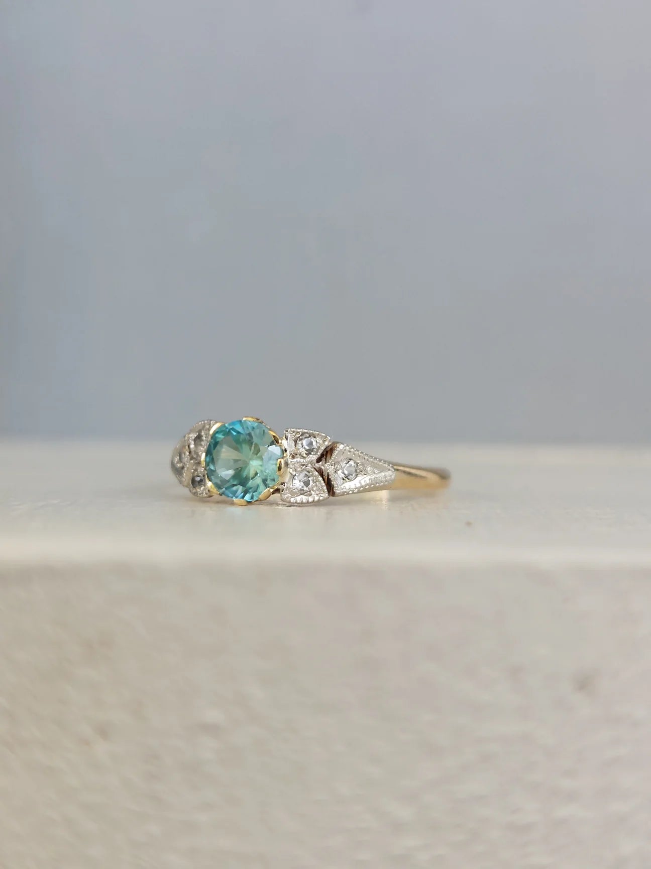 Vintage Joseph Lawrence Gold & Platinum Ring with Blue Zircon