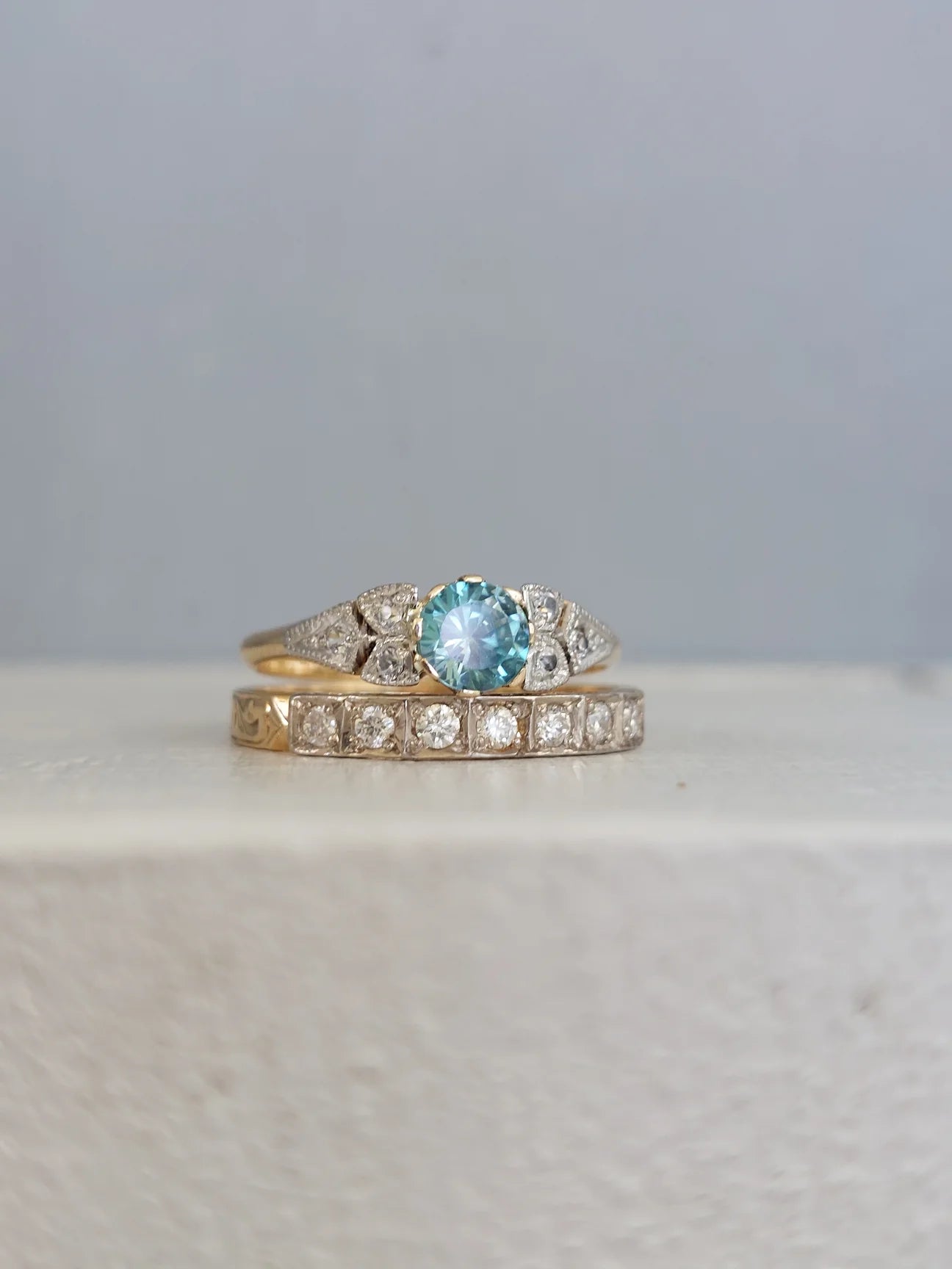 Vintage Joseph Lawrence Gold & Platinum Ring with Blue Zircon